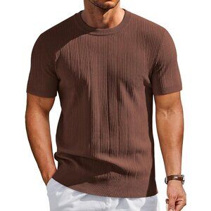 Men's Brown Short Sleeve Knit Casual Crewneck Ribbed Dress Tee T-shirts